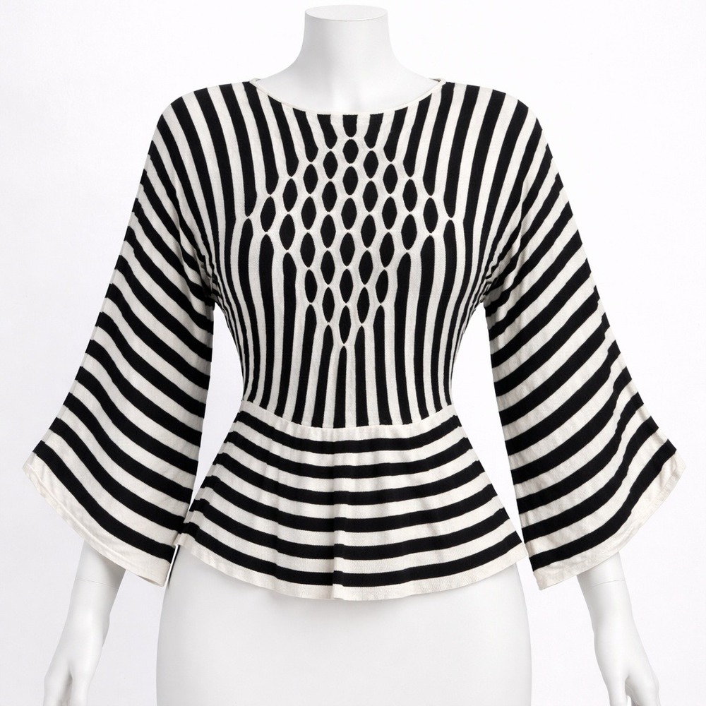 Worthington Knit Top Women XS Black White Striped Peplum Dolman Sleeve